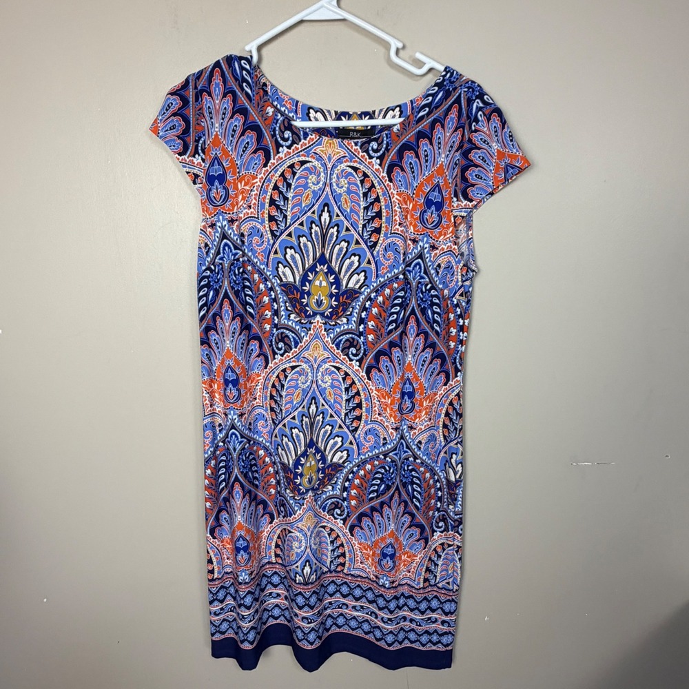 R&K Women Petite PM Blue Orange Paisley Stretch‎ Jersey Shift Dress PM